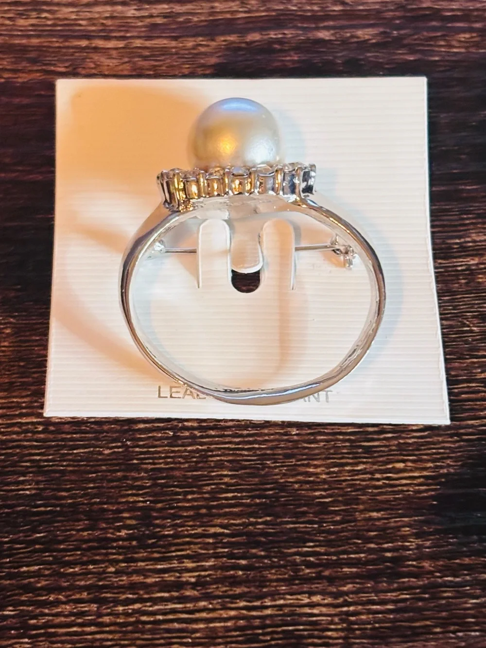 Silver‎ Tone Pearl Ring Brooch with Crystal Rhinestone Halo